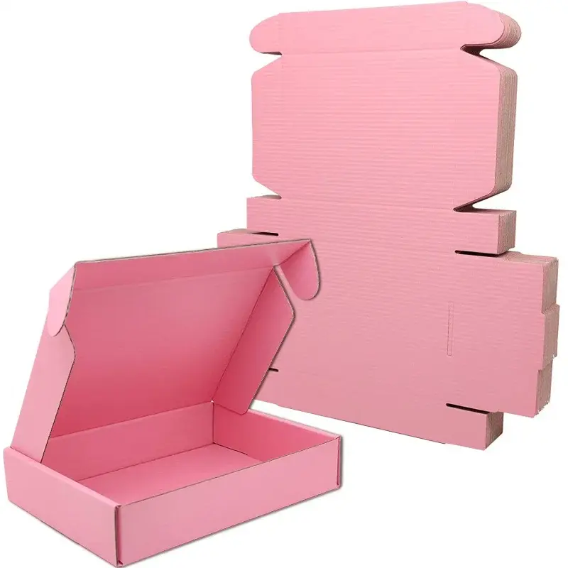 กล่องกระดาษแข็งสีชมพูสำหรับส่งของกล่องจดหมายกล่องของขวัญเสื้อผ้างานแต่งงานลูกฟูกโลโก้แบบกำหนดเอง