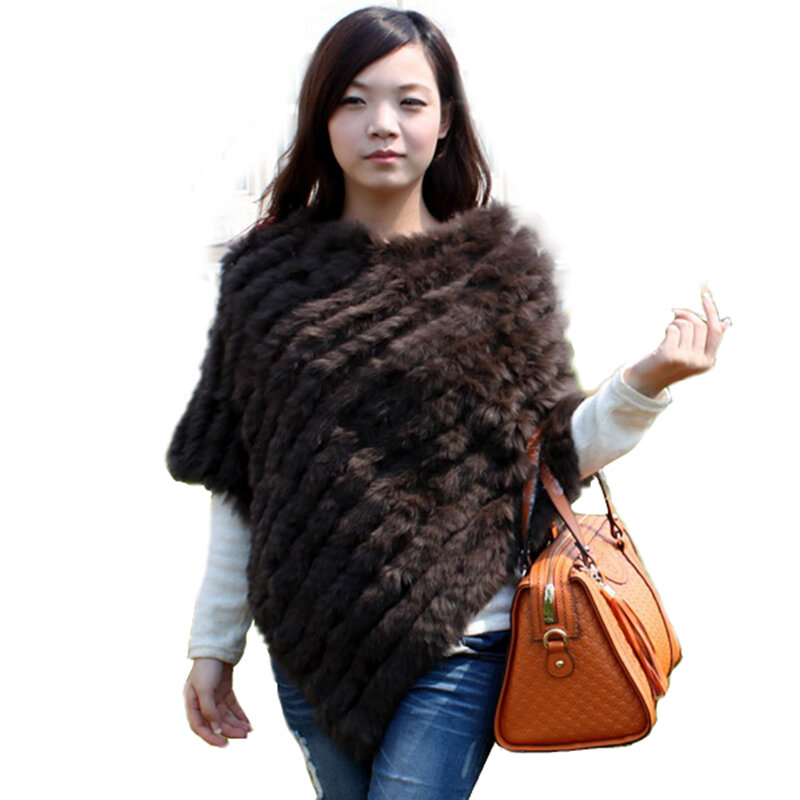Poncho de piel de conejo auténtica para mujer, abrigo de punto, chal triangular, color liso, a la moda