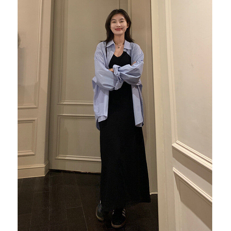 Облегающее платье-майка для женщин, новинка весны/лета, простая и универсальная черная свободная драпированная длинная юбка без рукавов в Корейском стиле