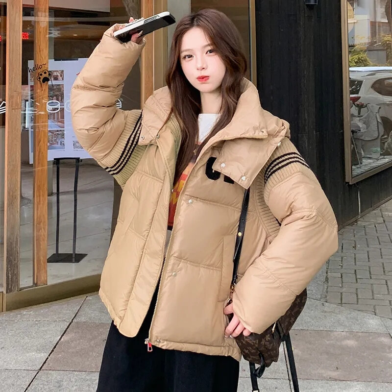 2023 Winter Down Cotton Coat Hooded Parkas Women Fashion Short Loose Versatile Korean Knitting Splicing Thick Warm Coat Female