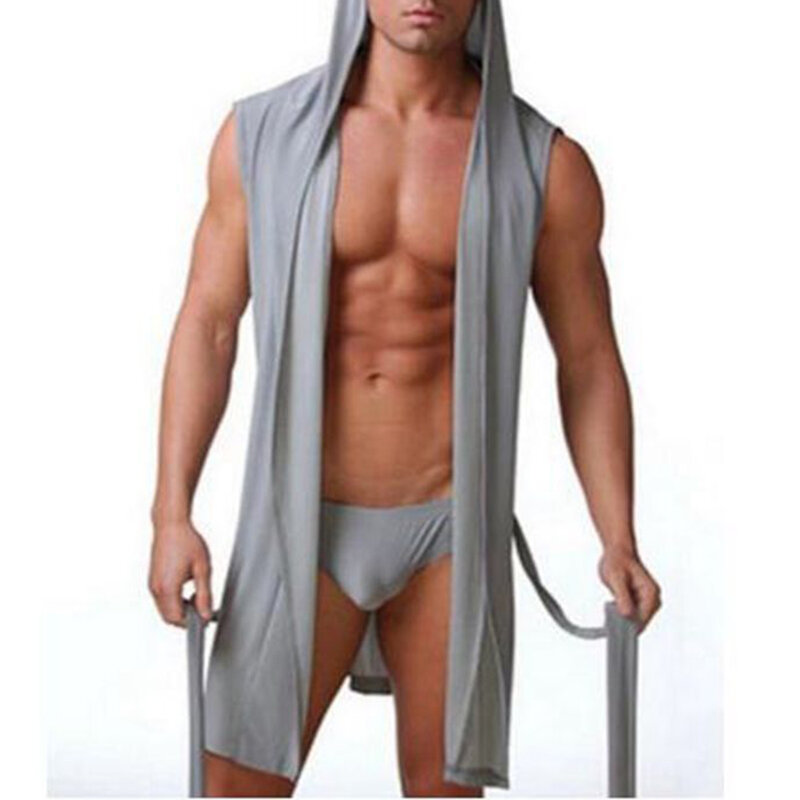 Roupões masculinos sem capuz, pijama sexy, lingerie sedosa gelada, conjuntos de roupão erótico, roupão de banho com cuecas