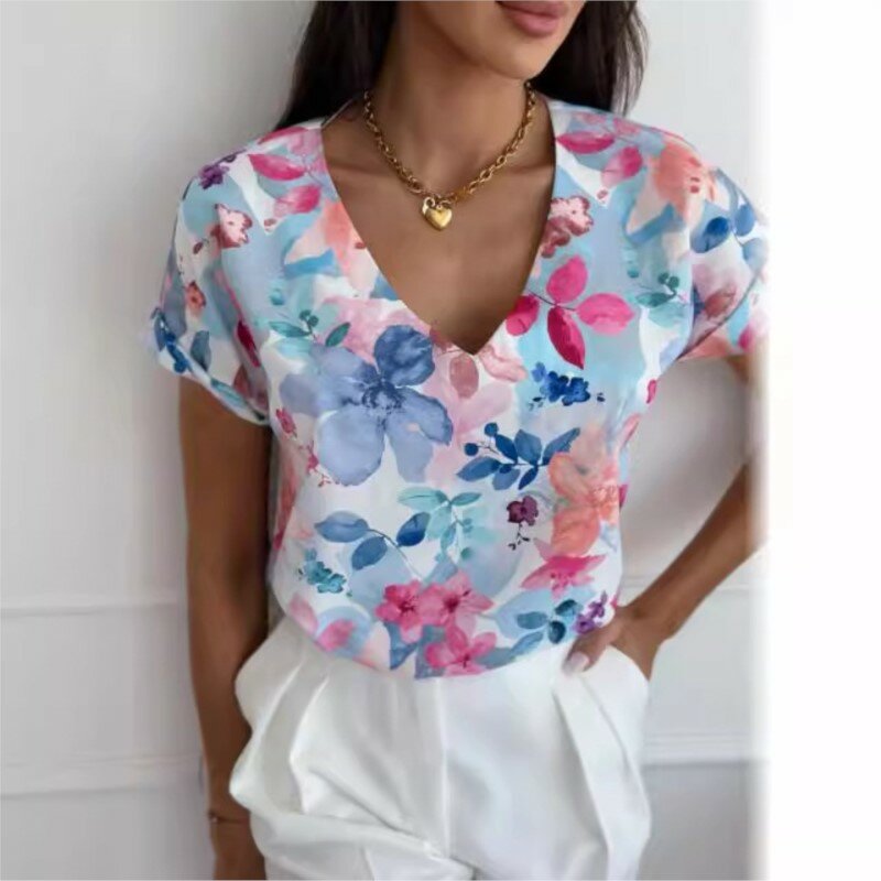 Kaus lengan pendek longgar kerah V motif mode musim panas untuk wanita blus kantor Pullvoer kasual atasan Chemisier Femme Chic 2024