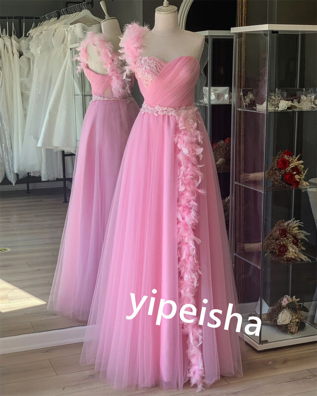Tulle  Applique Pleat Party Straight One-shoulder Bespoke Occasion Gown Long Dresses