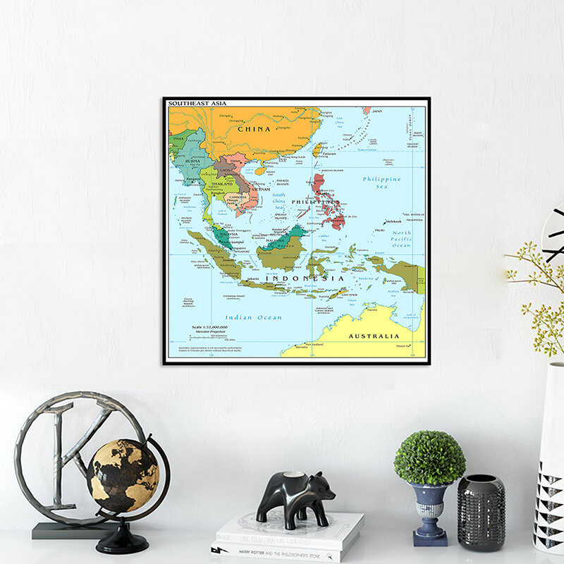 60*60cm mapa azji południowo-wschodniej w języku angielskim dekoracja ściany plakat włóknina płótno malarstwo Unframed drukuj wystrój salonu domu