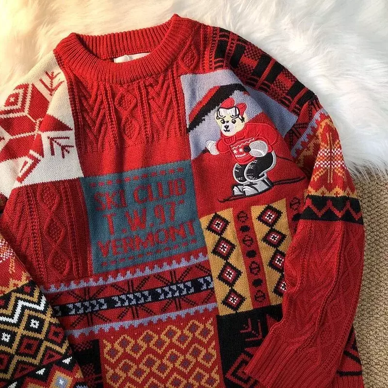 Christmas harbor wind retro bear Sweater Y2K Street Thickening Lazy Wind Loose Autumn And Winter Lovers Wear Wool Clothes Tide