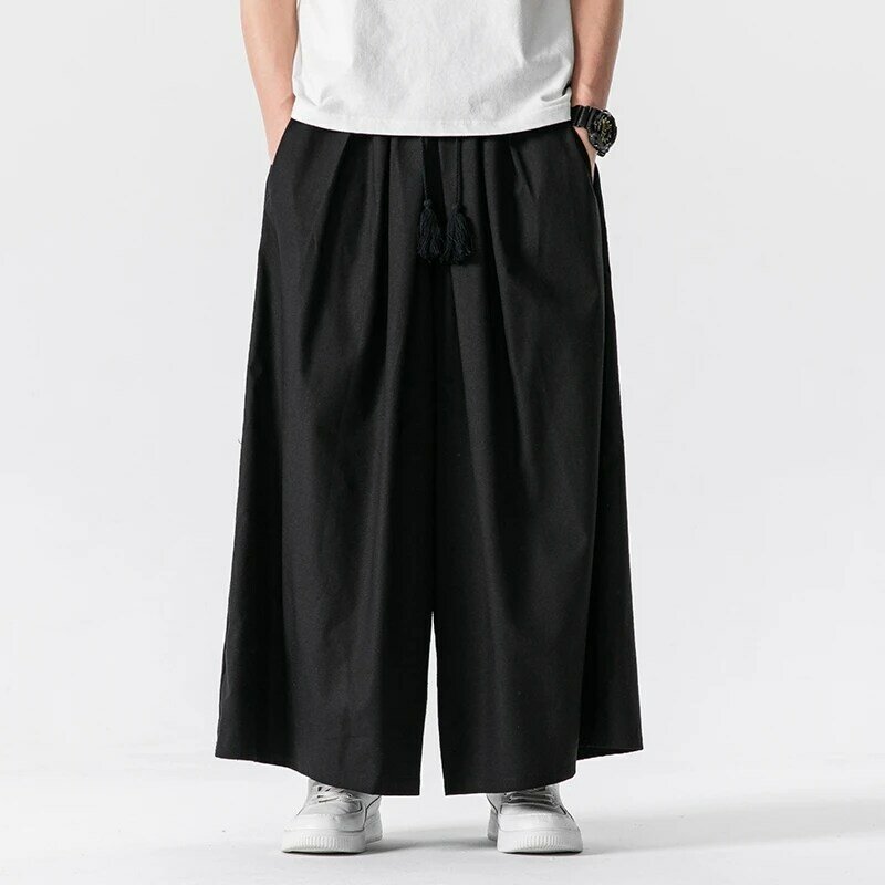 Chinese Style Loose Wide Leg Pants Men Spring Summer Cotton Linen Casual Trousers Mens Harajuku Vintage Elastic Waist Pants 5XL