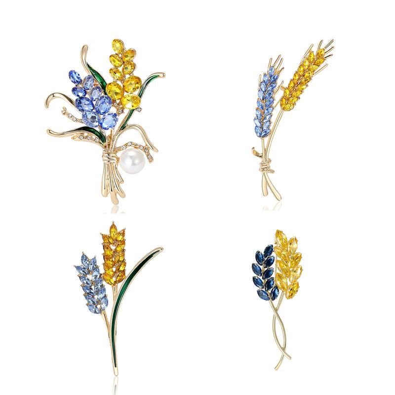 Beaut&Berry Ear of Wheat Brooches for Women Rhinestone Blue and Yellow Plant Pins 5-Color Unisex Casual Accessories Gifts