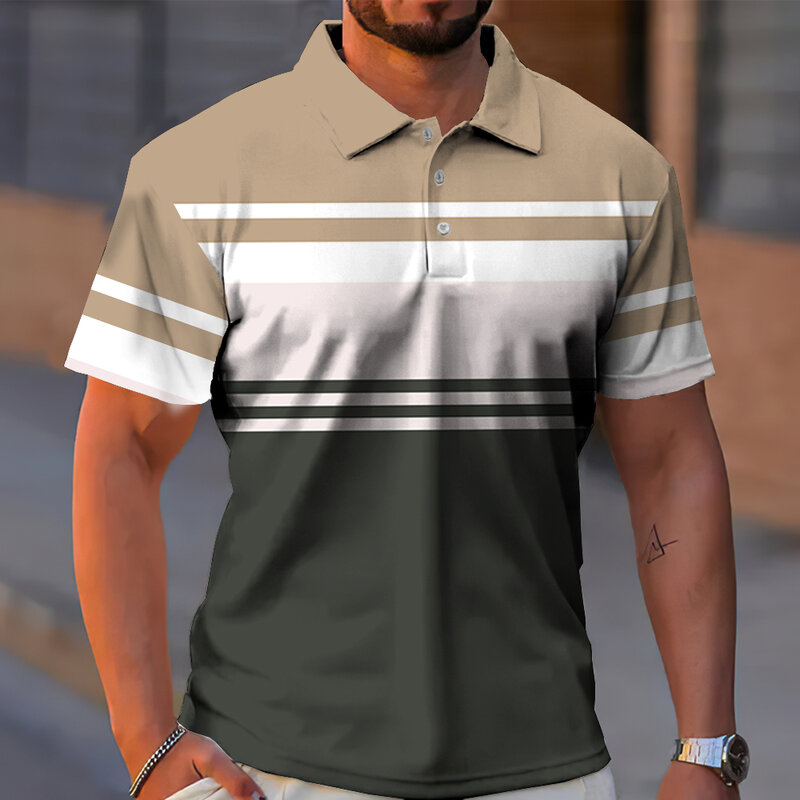 Zakelijke Casual Golf Heren Poloshirts Zomer Mode Korte Mouwen T-Shirt Gradiënt Lijn Print Tops Dagelijks Oversized Poloshirt