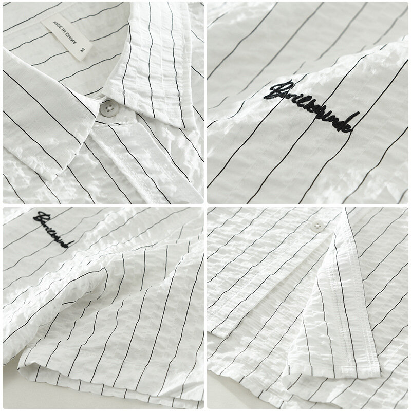 Textura Bolha 3D masculina macia e aconchegante camisa listra, moda verão, blusa de lapela manga curta, carta para adolescentes bordada tops chiques, 8076