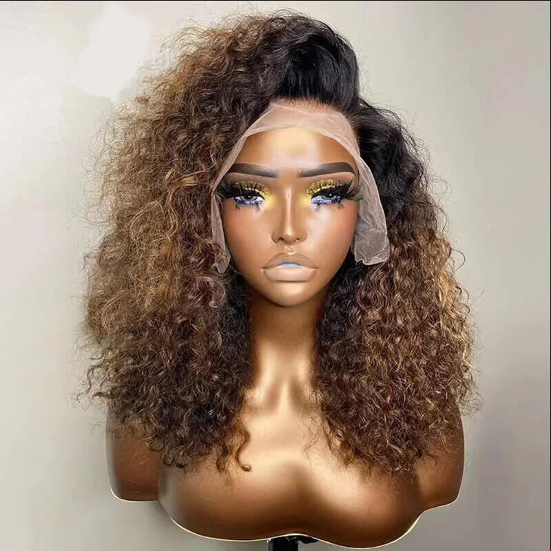 180%Density Long Soft 26Inch Ombre Brown Kinky Curly Deep Lace Front Wig For Women BabyHair Glueless Preplucked Heat Resistant