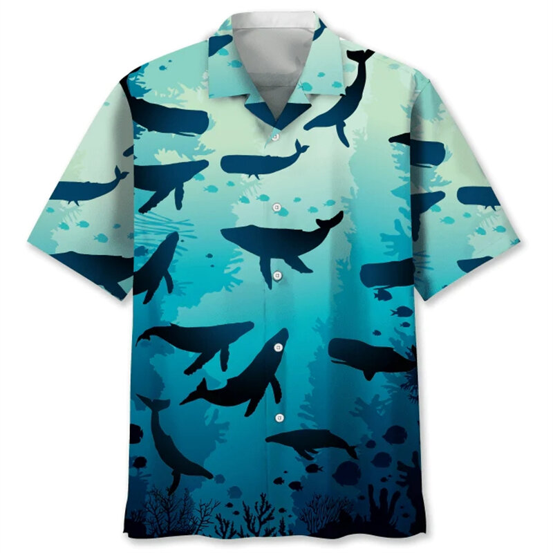 Mergulhador Baleia masculina estampa 3D camisas de praia havaianas, Tops de manga curta, Streetwear extragrande, Roupa masculina, Tees, Verão, 2024