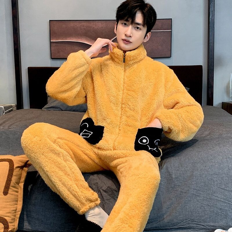 Winter New Male Pajamas Thickened Velvet Coral Fleece Thermal Men Nightclothes Suit Casual Stand Collar Large Size Homewear Set