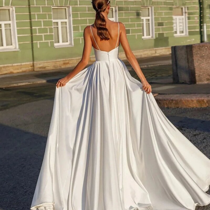 Простые атласные свадебные платья без рукавов с V-образным вырезом, женское элегантное ТРАПЕЦИЕВИДНОЕ ПЛАТЬЕ на бретелях-спагетти на заказ