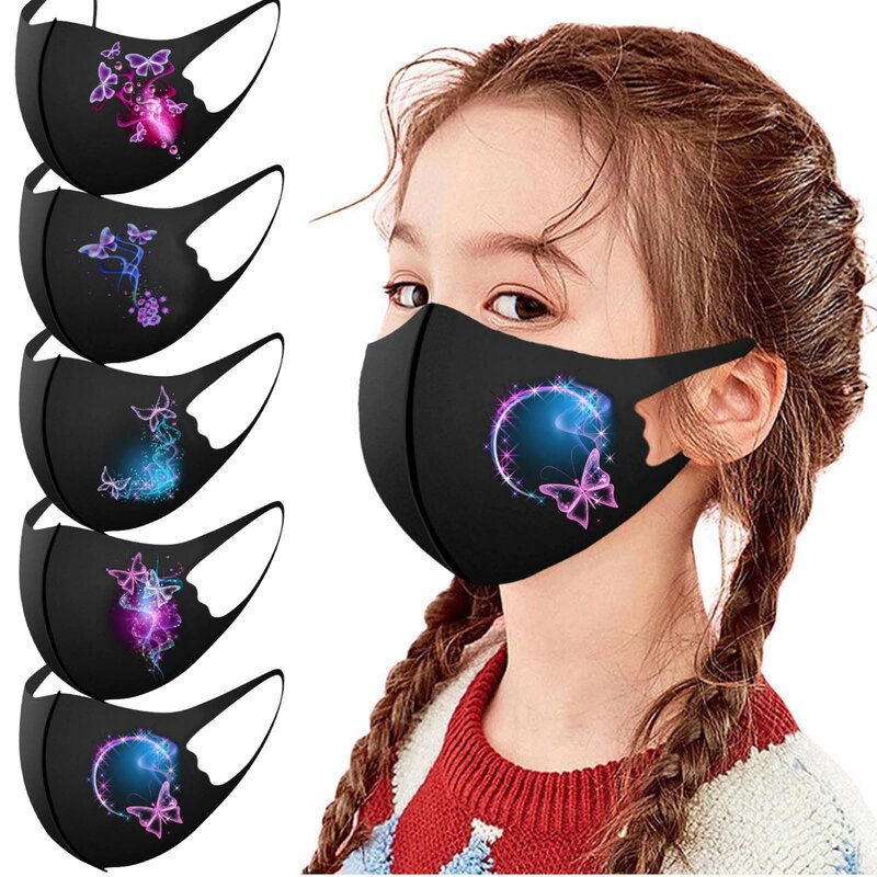 子供用ウォッシャブルコットンフェイスマスク、バタフライプリント、通気性と快適性、2層、ファッショナブル、1個