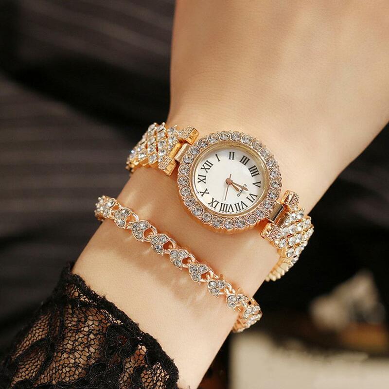 2Pcs/Set Women Watch Bracelet Kit Round Dial Shiny Rhinestones Inlaid Roman Numerals Pointer Decorative Lady Quartz Wristwatch