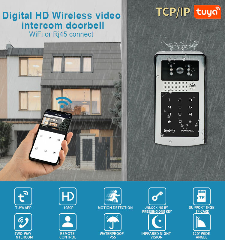 Tuya Câmera de campainha de vídeo inteligente, intercomunicador de vídeo WiFi, campainha, código RFID, acesso ao teclado, desbloqueio do aplicativo do telefone, 1080p, novo