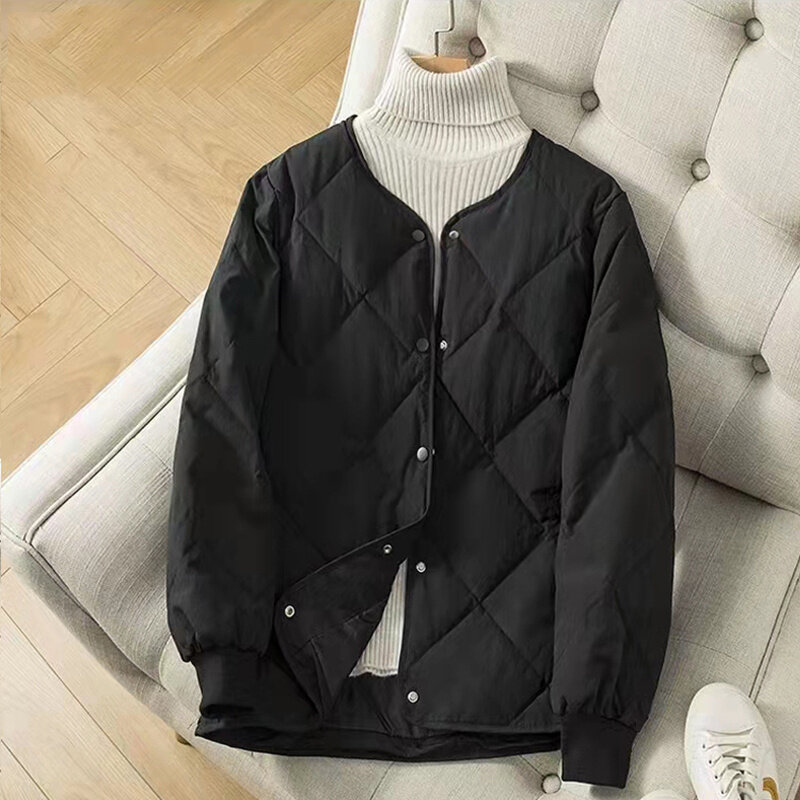 Осенне-зимние Пуховые парки, Женская однотонная короткая куртка с круглым вырезом, блестящее клетчатое пальто с длинным рукавом, Корейская Свободная верхняя одежда