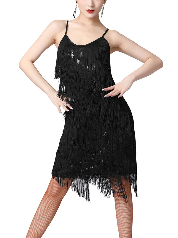 Womens Shiny Sequins Fringed Dress Ballroom Samba Tango Cha ChaLatin Dance Costume Adjustable Spaghetti Straps Tassel Dresses