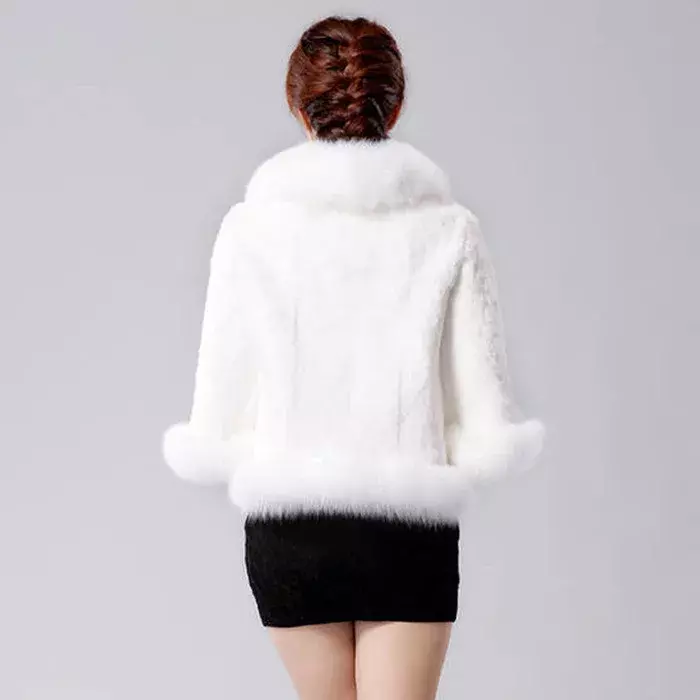 Abrigo corto de piel sintética con cuello de conejo de imitación, chaqueta de piel de visón suave, abrigo negro, elegante, moda de invierno
