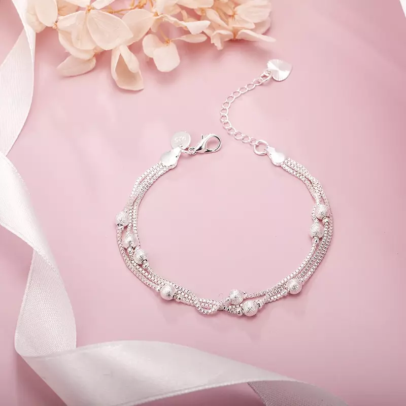 Gelang rantai manik-manik geometris warna perak baru untuk wanita mode perhiasan indah pernikahan hadiah Natal 8 inci