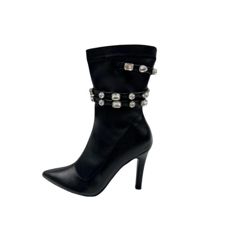 Ankle Boot de strass para mulheres, sapatos de salto alto, zíper de cristal, borracha, pontudo, sólido, Roma, outono, inverno, 2023