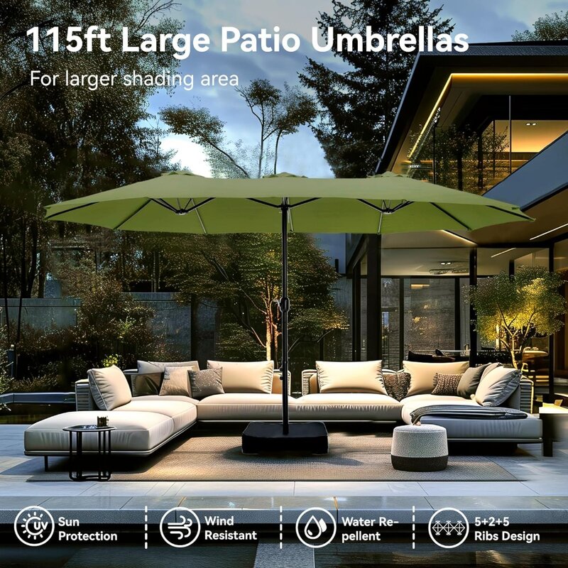 Большие зонты для внутреннего дворика 15 футов с основанием, открытый двусторонний прямоугольный зонтик для бассейна, газона, сада