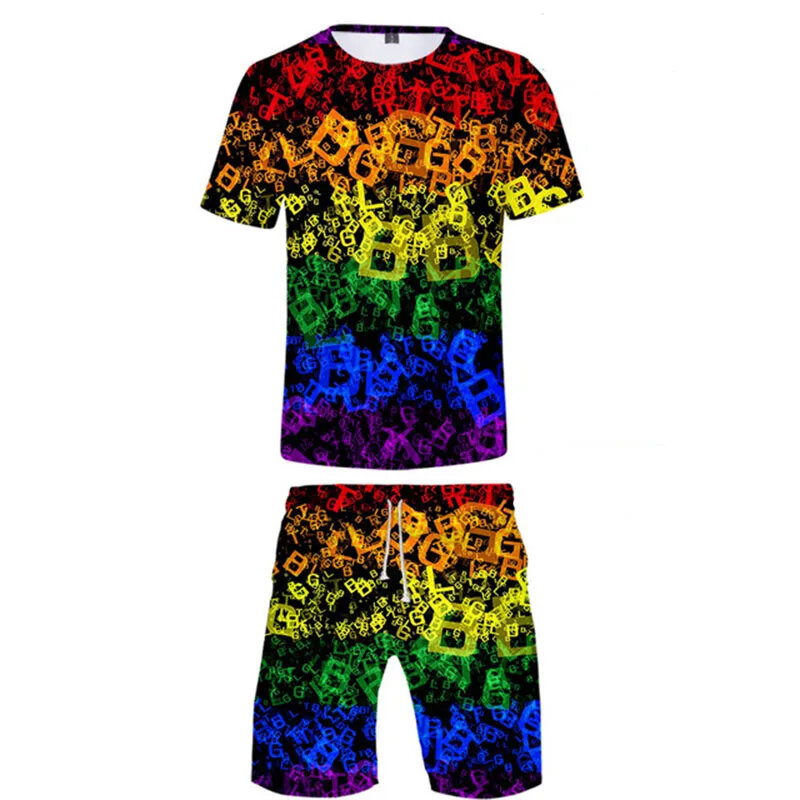 Kleurrijke Elementen Mode 3d Print 2 Stuks Set Man T-Shirt Sets Regenboog O-hals T-Shirts Tweedelige Set Casual Harajuku Sweatshirt