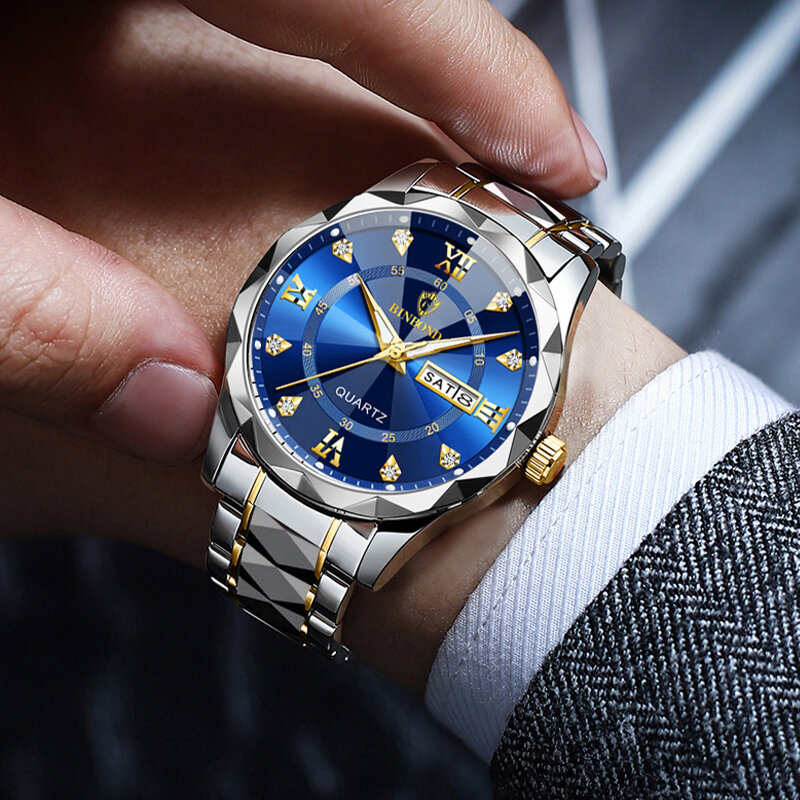 BINBOND jam tangan pria, jam tangan mewah tahan air kronograf bercahaya untuk Pria Stainless Steel kuarsa reloj hombre
