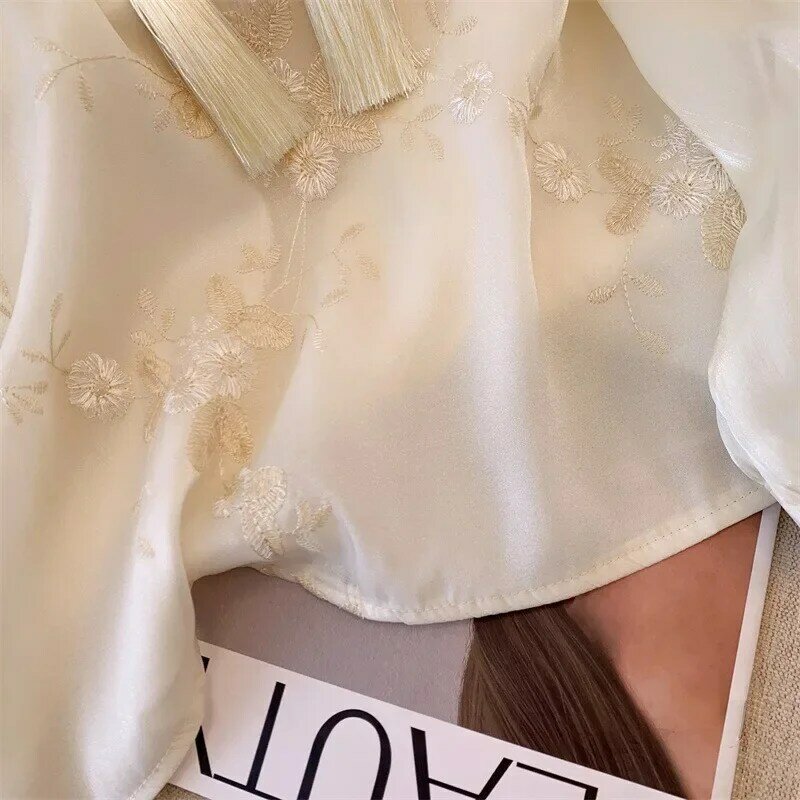 Блузка с вышивкой в китайском стиле на весну/лето, винтажная женская рубашка, свободные шифоновые женские топы, одежда с длинным рукавом YCMYUNYAN