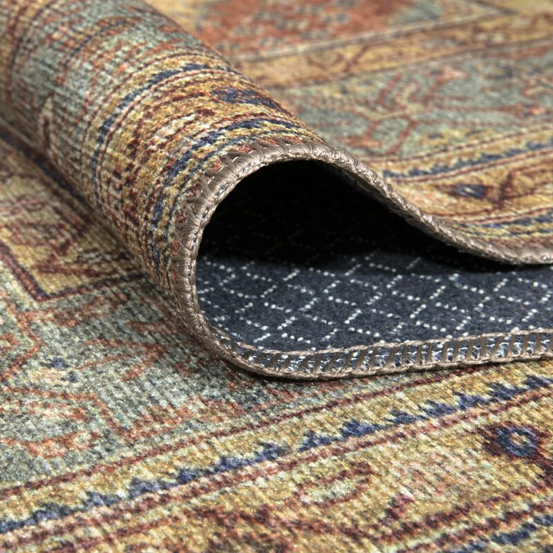Zmywalny dywanik antypoślizgowy 9 'x 12'-terakota/musztarda tradycyjna dywan do składania do salonu, sypialni, jadalni i kuchni