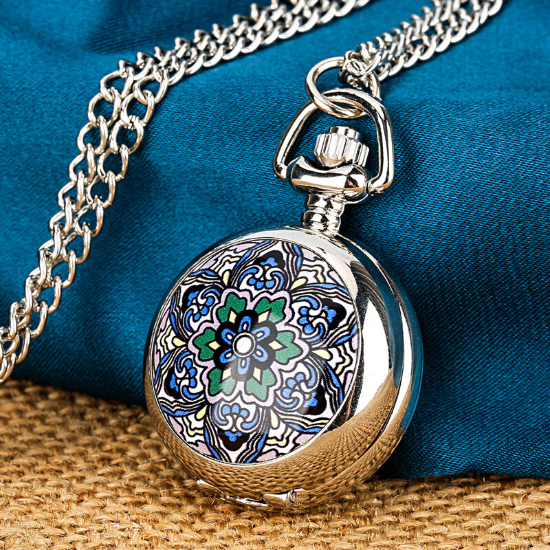 Little Cute Smaller Size Fashion Flowers Pattern Pendant Chain Silver Necklace Pocket Watch for Women Jewelry Accessories Clock