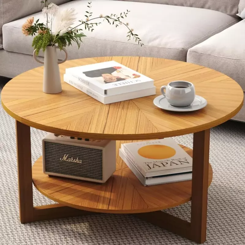 Round Wood Coffee Table, Natural Wood Coffee Table, Round Solid Wood Center Large Circle Coffee Table for Living Room