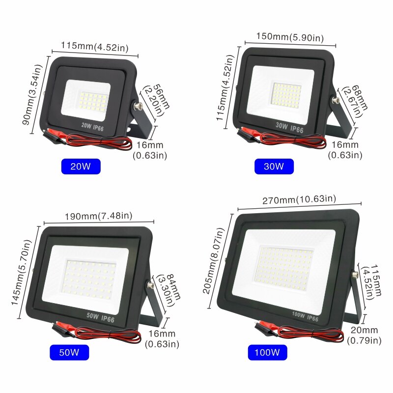 Holofote LED para exterior, holofote, holofote, IP66, impermeável, refletor, luzes portáteis, 12 V, 20W, 30W, 50W, 100W, DC