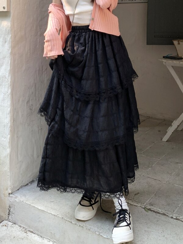 Falda larga de encaje de ganchillo para mujer, Falda plisada de cintura alta y baja con volantes, color blanco y negro, 2023