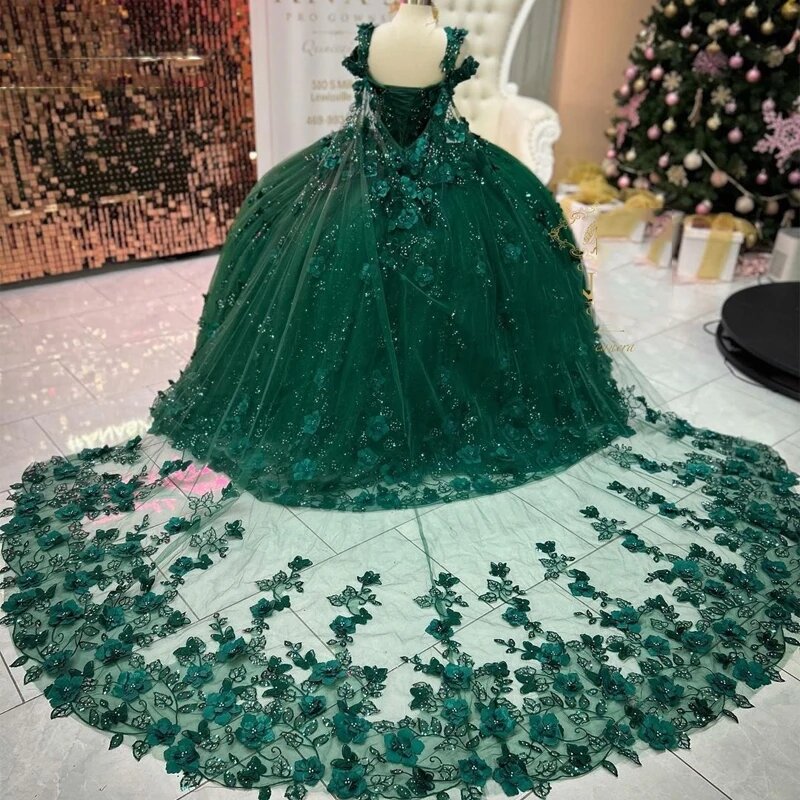 Green Princess Quinceanera Dresses Ball Gown Off The Shoulder Tulle Floral Pearls Sweet 16 Dresses 15 Años Mexican