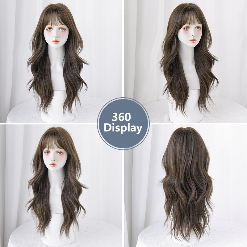 7JHH WIGS High Density Synthetic Body Wavy Brown Blonde Wig for Women Fashion Layered Curly Wigs with Curtain Bangs Glueless Wig