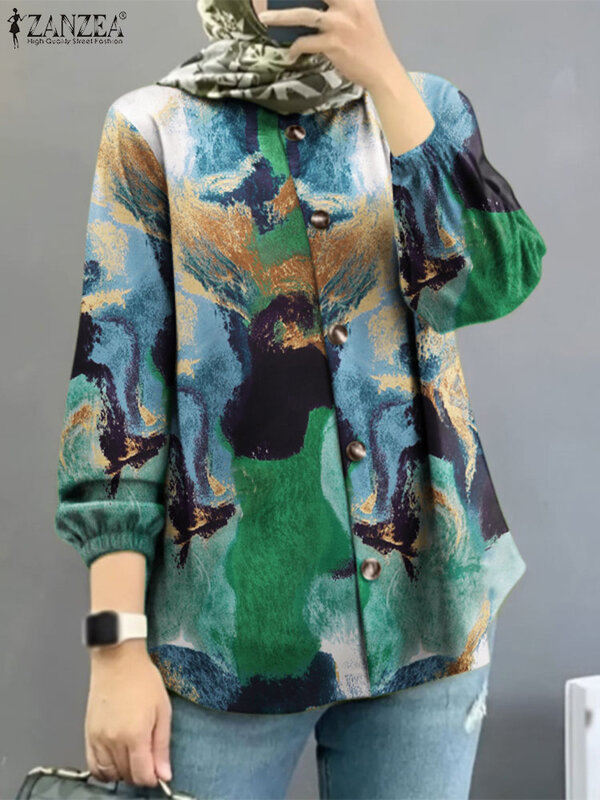 ZANZEA-Blusa floral estampada para mulheres, blusa muçulmana, roupa islâmica, camisa vintage, manga longa, casual e elegante, Eid Mubarek, outono