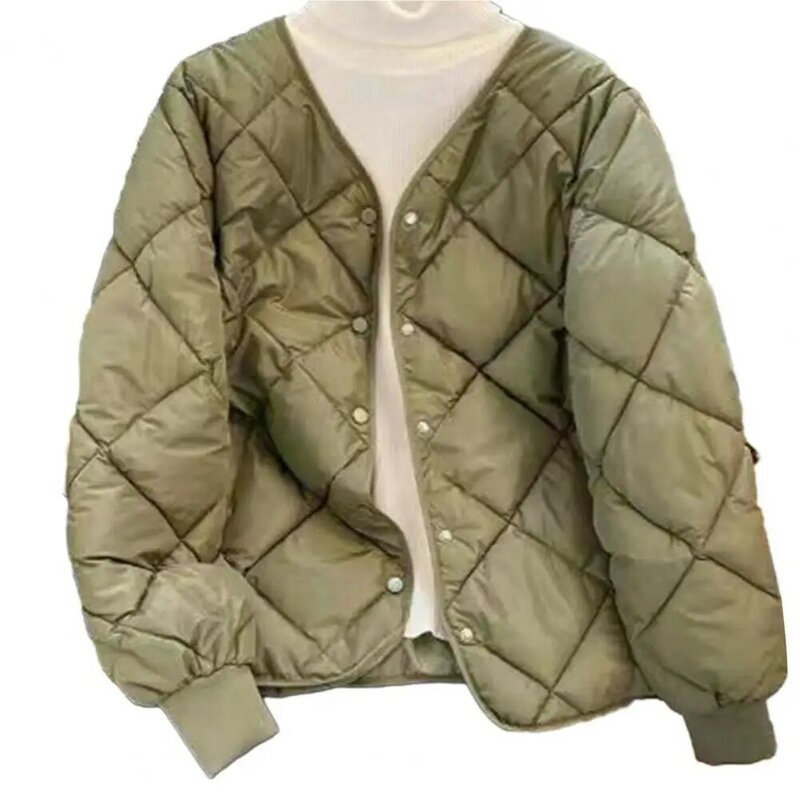 Casaco de beisebol de manga comprida feminino, casaco de algodão, gola V, bolsos soltos, punho, jaqueta curta, inverno