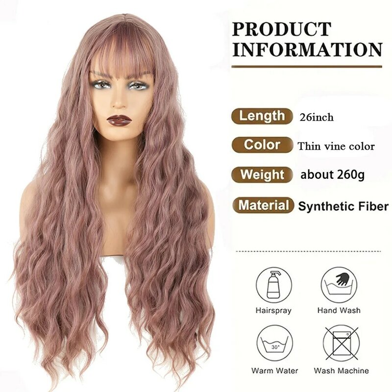 Synthetic Long Wavy Wig with Bangs 26 Inch Thin Vine Color Daily Lolita Softy Wigs For Women Cosplay Wigs Heat Resistant Wigs