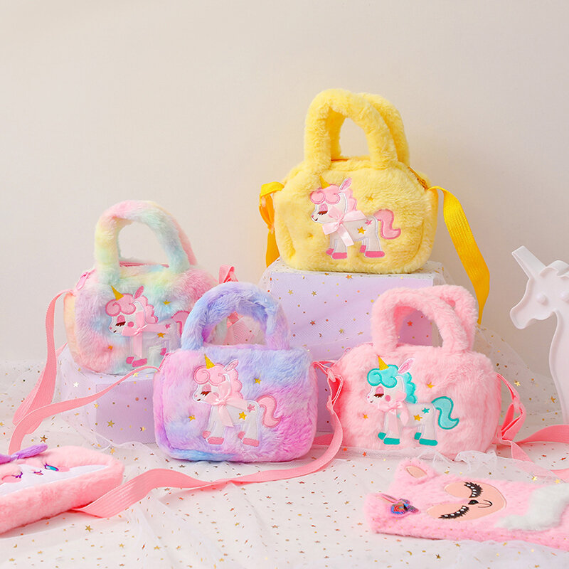 Kid Embroidery Plush Crossbody Purses And Handbags Little Girls Rainbow Fluffy Purse Cute Cartoon Furry Shoulder Bag