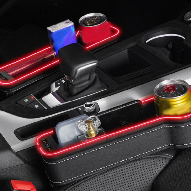 Dual USB Charging Car Crevice Storage Box Colorful LED Seat Gap Slit Pocket Catcher Seat Organizer Card Phone Bottle Cups Holder
