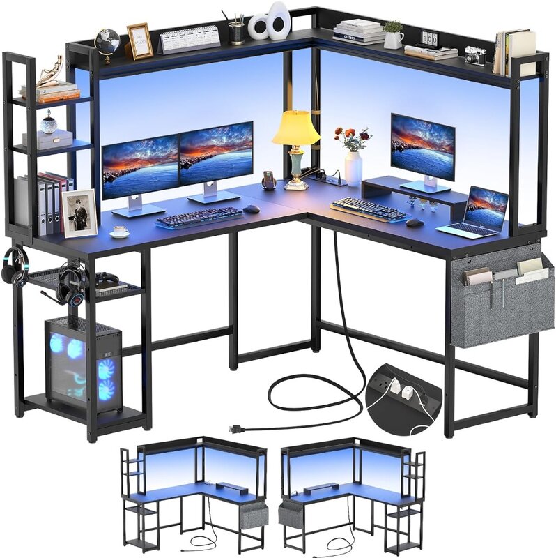 Aheaplus l-förmiger Schreibtisch mit Steckdose, l-förmiger Spieltisch mit LED-Licht und Stall, reversibler Home-Office-Schreibtisch