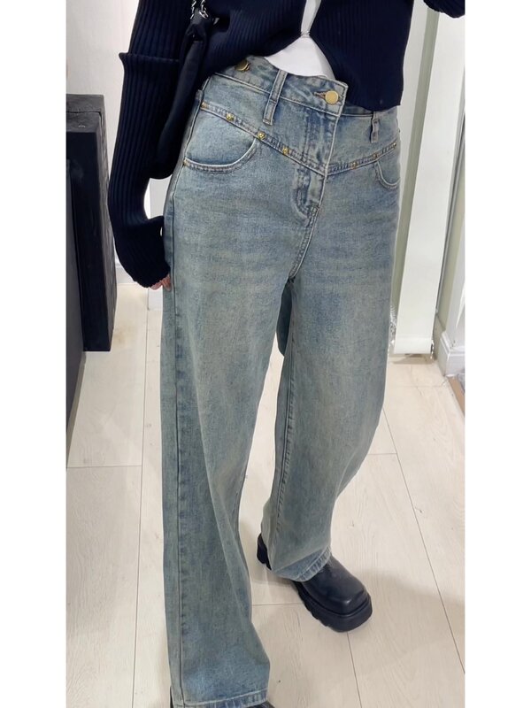 Feine Wörter Vintage weites Bein Niet Jeans Frauen kausal gewaschen lose Jeans hohe Taille koreanische Streetwear Jeans hose