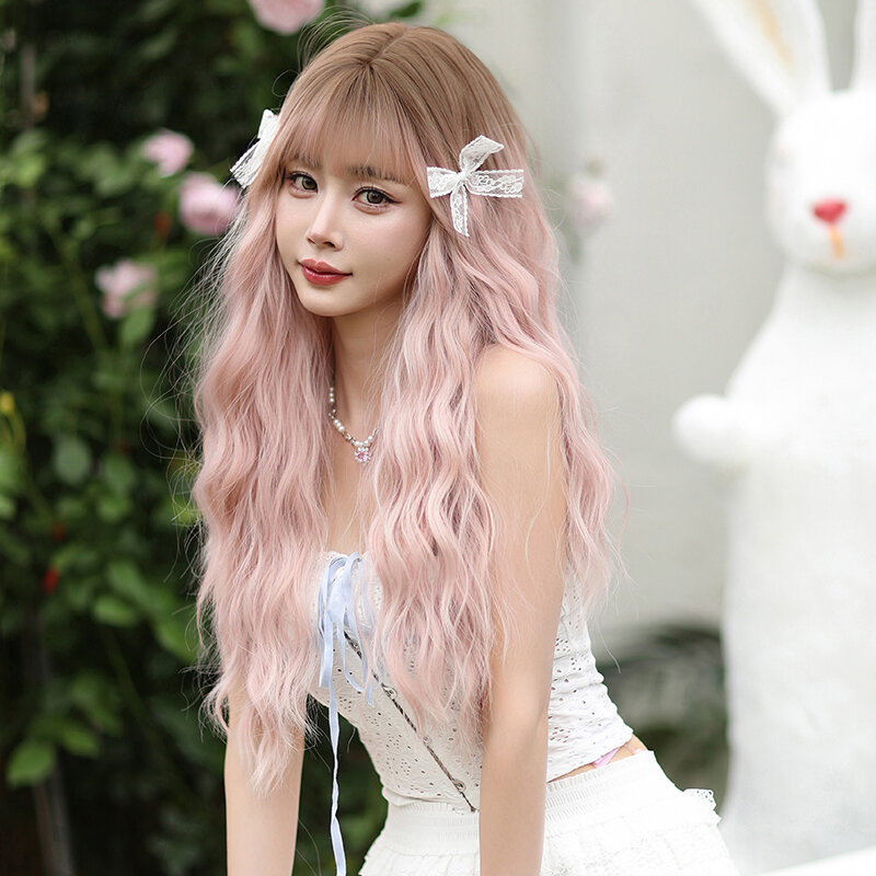7JHH Wig kostum Wig sintetis Pink Ombre pirang Wig untuk Wanita Mode panjang tubuh Wig bergelombang dengan poni kepadatan tinggi Wig Lolita