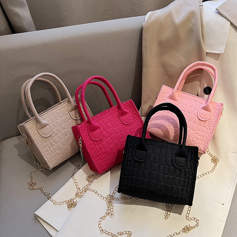 2024 New Fashion Women Felt Small Square Bag Simple Versatile Casual Chain Handbags Popular Stone Trendy Texture Tote Handle Bag