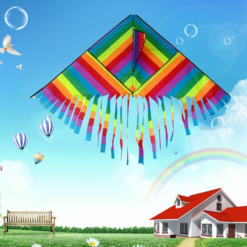 屋外の飛行おもちゃ、ノベルティ、ポリエステル、インタラクティブ、簡単なフライ、子供、パパ、屋外、レインボーカラー、1個の三角形の凧