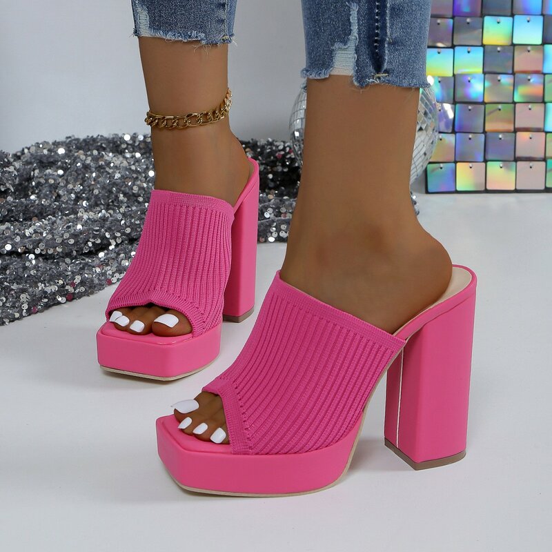 2024 musim panas merajut sandal hak tinggi sepatu wanita Peep Toe gaun sandal mode baru pantai Chunky berjalan Zapatos Femme pompa