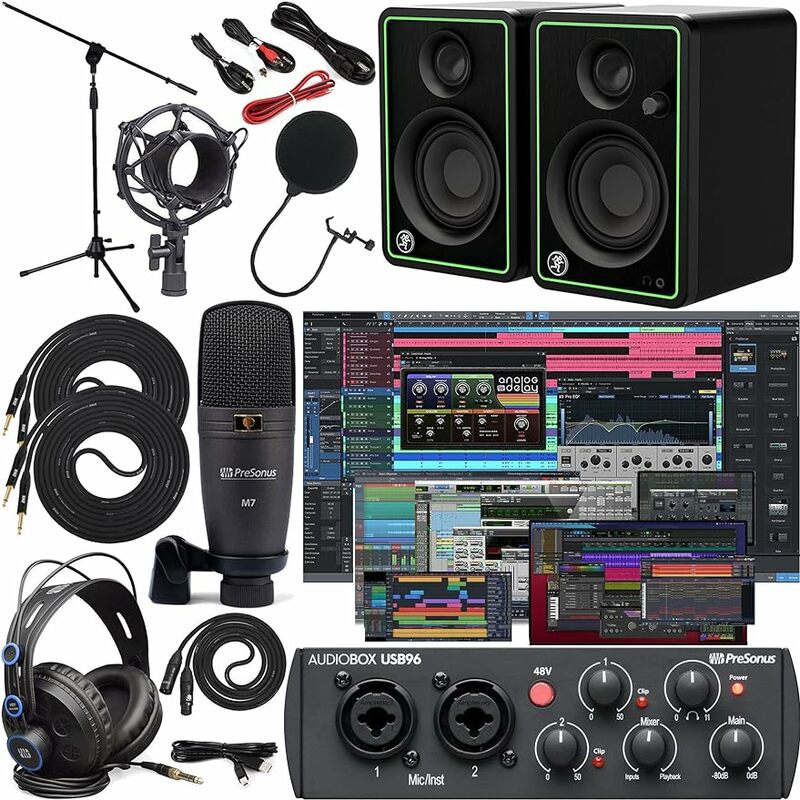 Presonus AudioBox 96 Audio Interface (May Vary Blue or Black) Full Studio Bundle with Studio One Artist Software Pack w/Mackie C
