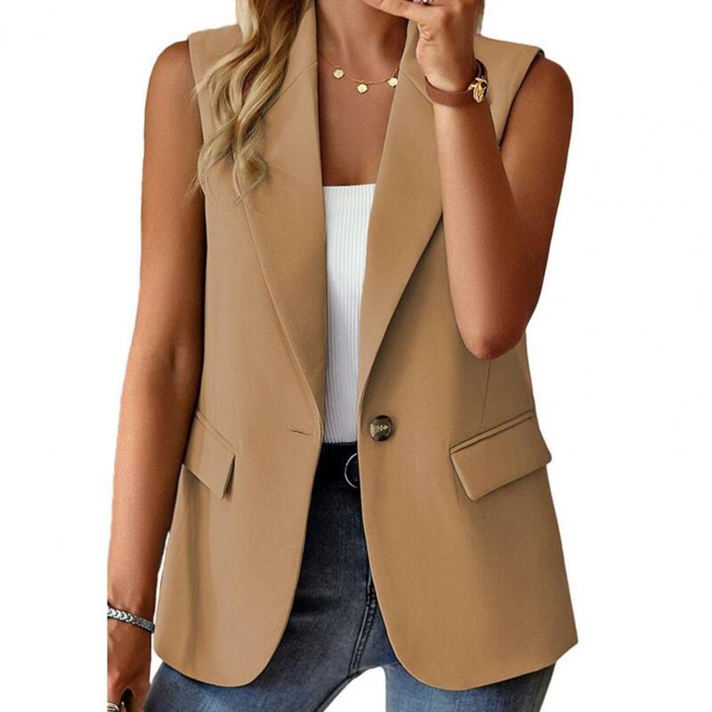 Elegante colete de lapela para mulheres, colete com bolsos de aba, casaco de botão único, primavera e verão