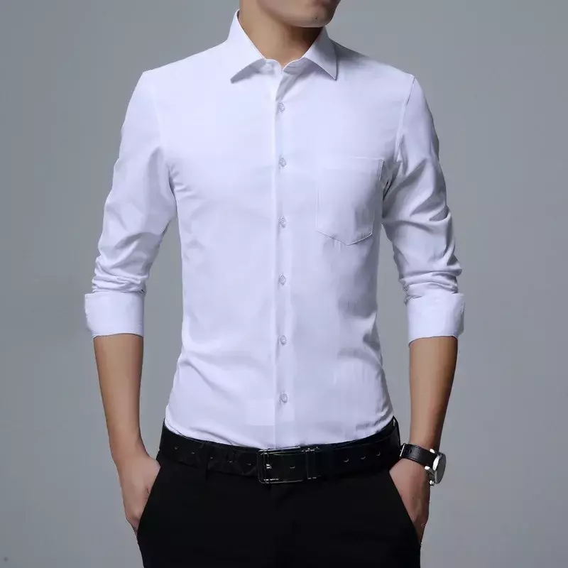 Camisa ajustada de manga larga para hombre, ropa informal de negocios, Color sólido, a la moda, novedad de primavera, 2024
